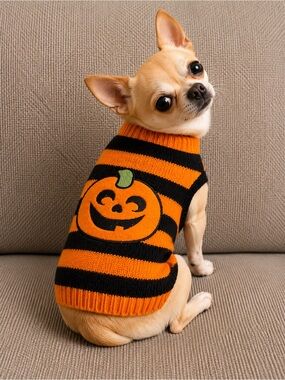 Halloween Pumpkin Striped Pet Costume Sweater - Orange & Black